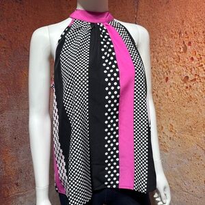 Polka Dot & Stripes Halter Top in Black and Hot Pink NWOT